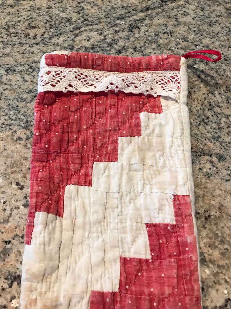 Antique vintage Red White Christmas stocking made from a Quilt Primitive Country Farmhouse