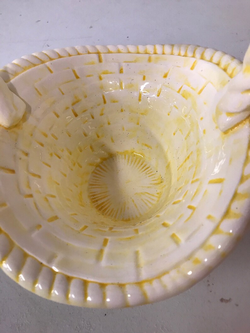 Vintage ceramic flower Easter Basket 10\u201d tall handmade yellow