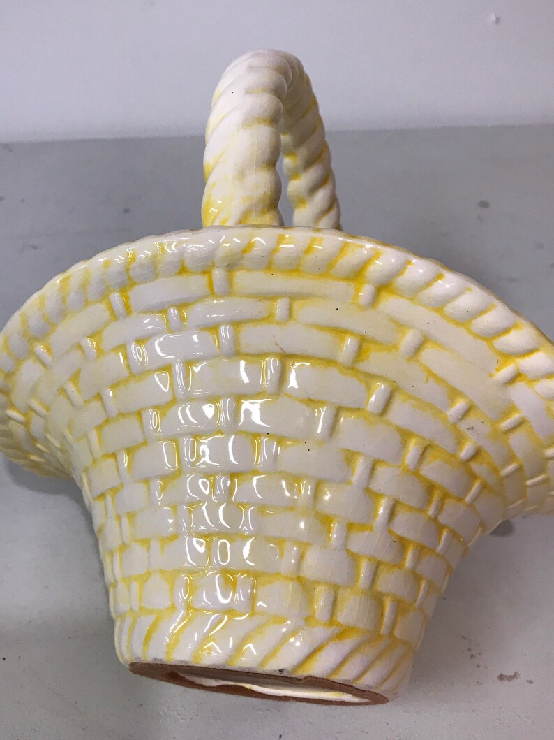 Vintage ceramic flower Easter Basket 10\u201d tall handmade yellow