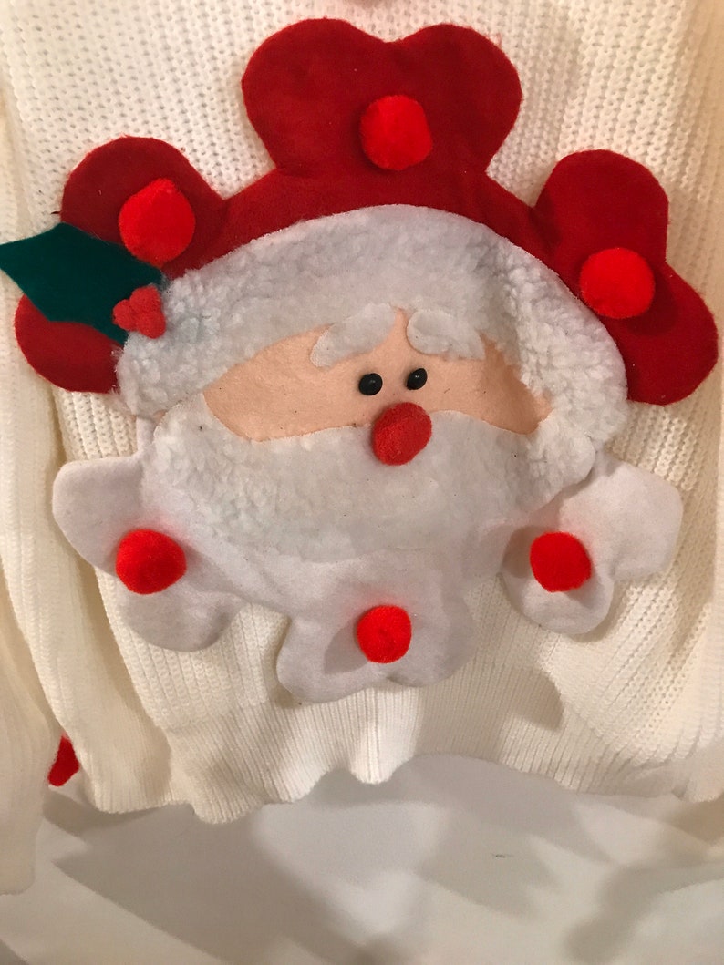 Ooak hand decorated ugly Christmas sweater men\u2019s large Santa face pompoms
