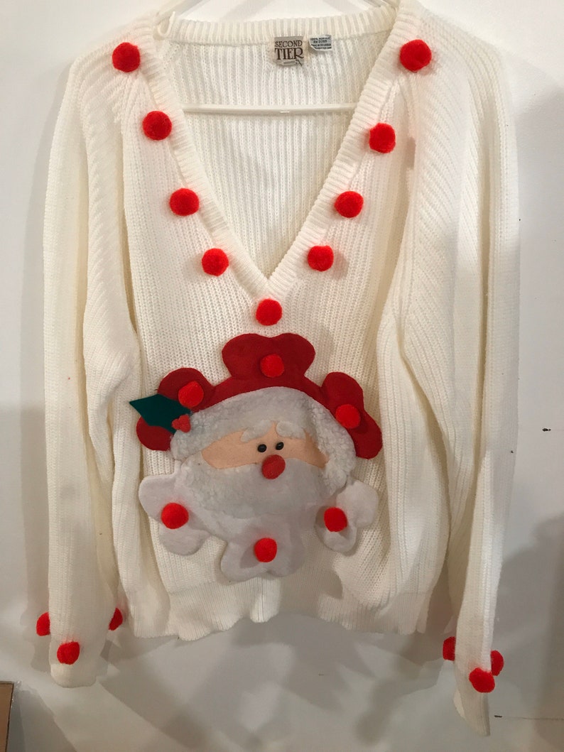 Ooak hand decorated ugly Christmas sweater men\u2019s large Santa face pompoms