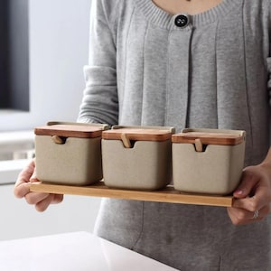 Ceramic Spice Jars with Wooden Lid – White Seasoning Canisters, Salt and Sugar Jars with Spoon, Kitchen Organizer Set