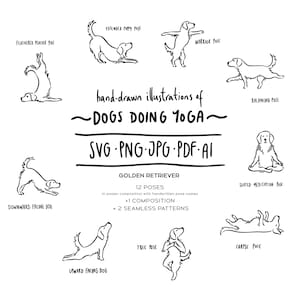 Puede incluir: Ilustraciones en blanco y negro de perros haciendo posturas de yoga. La imagen incluye posturas como Guerrero, Perro boca abajo y Meditación sentada. El texto dice "ilustraciones dibujadas a mano de PERROS HACIENDO YOGA".