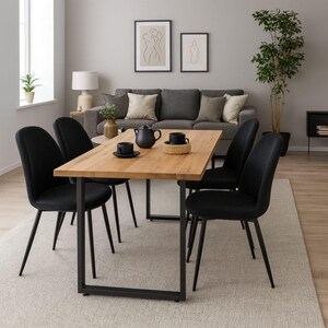 Könnte beinhalten: Ein Esszimmer-Set mit einem rechteckigen Holztisch mit schwarzen Metallbeinen, umgeben von sechs schwarzen Stühlen. Auf dem Tisch stehen eine Teekanne, Tassen und ein geflochtener Korb. Der Raum umfasst ein graues Sofa, Kunstwerke und eine Stehlampe.