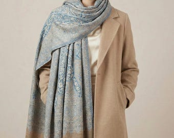 Luxury Himalayan Wool Shawl Beige Blue Paisley Scarf, Elegant Kashmiri Style Stole Wrap for Women, Soft Lightweight Winter Gift