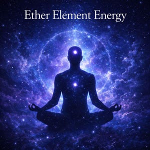 Può includere: Silhouette di una persona che medita nella posizione del loto, con punti energetici luminosi, su uno sfondo di nebulosa e stelle. Il testo "Ether Element Energy" è nella parte superiore dell'immagine.