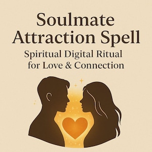 Può includere: Grafica digitale con il testo "Soulmate Attraction Spell" e "Spiritual Digital Ritual for Love & Connection". Sagome di un uomo e una donna si fronteggiano, con un cuore luminoso tra loro.