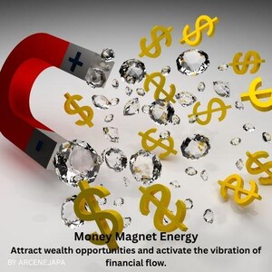 Pu&ograve; includere: Un magnete a ferro di cavallo rosso e argento che attira diamanti e simboli del dollaro dorati. L'immagine include il testo "Money Magnet Energy" e "Attira opportunit&agrave; di ricchezza e attiva la vibrazione del flusso finanziario."