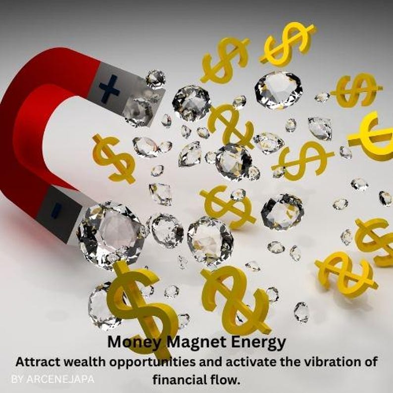 Pu&ograve; includere: Un magnete a ferro di cavallo rosso e argento che attira diamanti e simboli del dollaro dorati. L'immagine include il testo "Money Magnet Energy" e "Attira opportunit&agrave; di ricchezza e attiva la vibrazione del flusso finanziario."