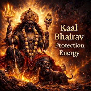 May include: Digital artwork featuring a dark-skinned deity with multiple arms, adorned with a skull necklace and a golden crown. The deity holds a trident and a staff topped with a skull. A black dog sits at the deity's feet. Text reads "Kaal Bhairav Protection Energy."