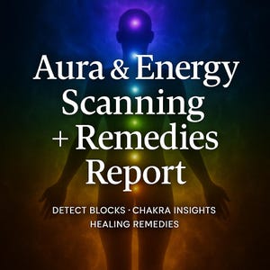 Può includere: Grafica per un rapporto di scansione dell'aura e dell'energia + rimedi. Viene mostrata una silhouette di una persona con punti chakra colorati. Il testo include "Rileva blocchi, Approfondimenti sui chakra, Rimedi curativi."