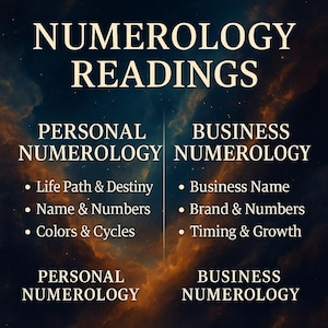 May include: An image with the text "NUMEROLOGY READINGS" at the top. Below, it is divided into two sections: "PERSONAL NUMEROLOGY" and "BUSINESS NUMEROLOGY", each listing related topics like "Life Path & Destiny" and "Business Name". The background has a dark, celestial design.