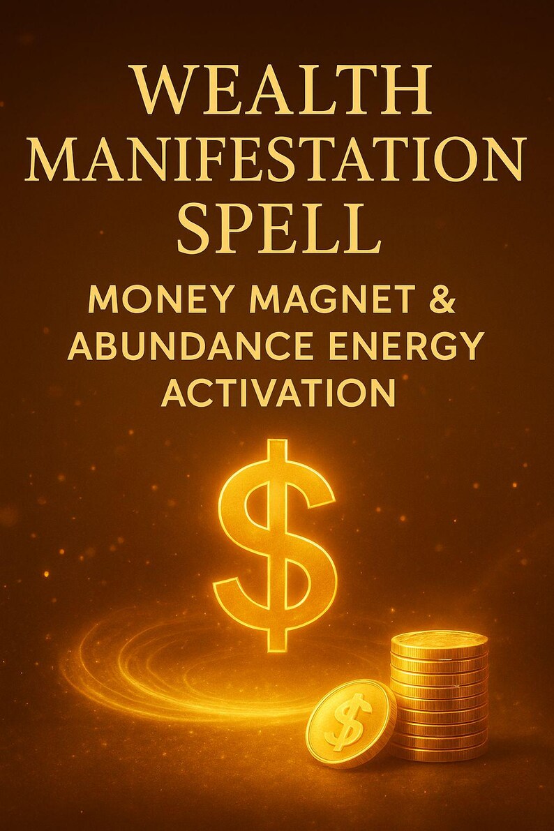 Pu&ograve; includere: Illustrazione digitale con il testo "WEALTH MANIFESTATION SPELL" e "MONEY MAGNET & ABUNDANCE ENERGY ACTIVATION". Un simbolo del dollaro dorato &egrave; sopra una pila di monete d'oro e una singola moneta.