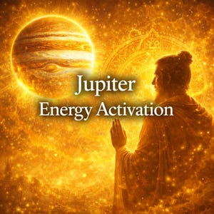 Puede incluir: Ilustración digital del planeta Júpiter, con bandas de colores arremolinadas y brillantes. El texto "Jupiter Energy Activation" está superpuesto. Una figura vestida con una túnica está en primer plano, con las manos levantadas.