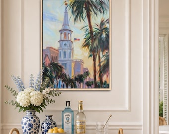 Charleston Palm & Steeple Coastal Wall Art – Impressionist Southern Print