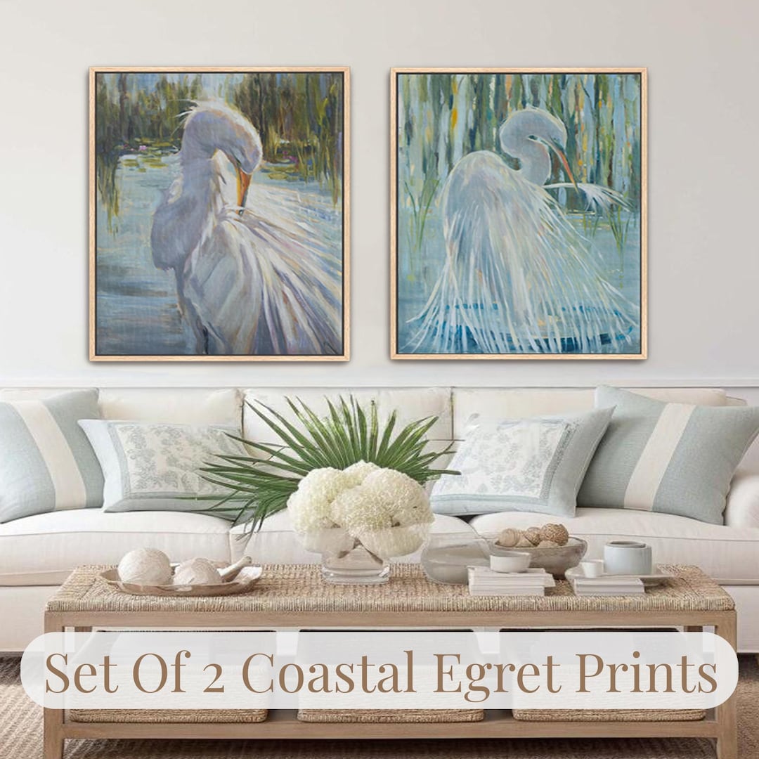 Coastal Bird Wall Art Set of 2 — Egret Fine Art Prints, Neutral Beach ...