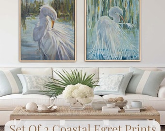 Coastal Bird Wall Art Set of 2 — Egret Fine Art Prints, Neutral Beach House Decor, Giclée Wall Art
