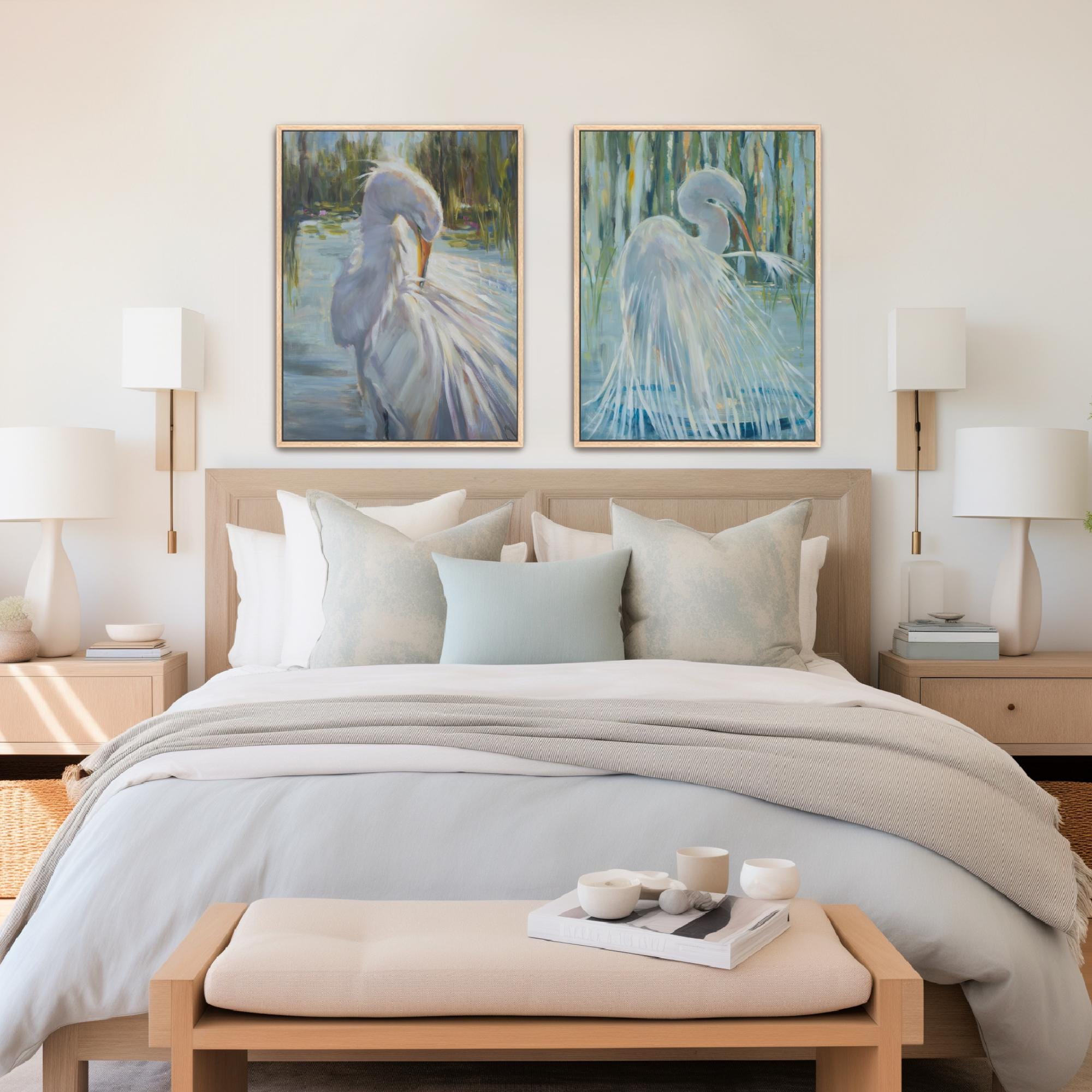 Coastal Bird Wall Art Set of 2 — Egret Fine Art Prints, Neutral Beach ...