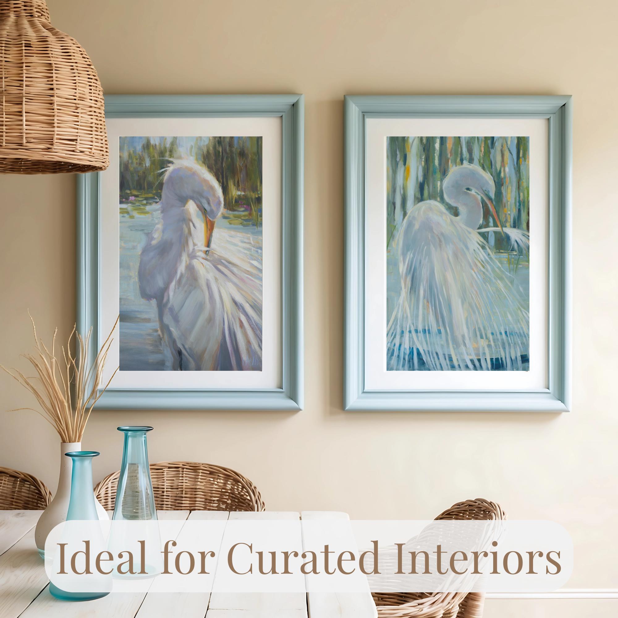 Coastal Bird Wall Art Set of 2 — Egret Fine Art Prints, Neutral Beach ...