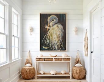 Egret Wall Art White Bird Decor Beach House Interior Design Living Room Wall Art Nature Print Coastal Art Heron Decoration Home Accent Birds