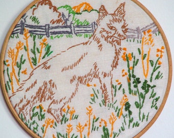 Vintage Embroidered Wolf Sampler- Country Cottage Hoop Art- 8 inch cm