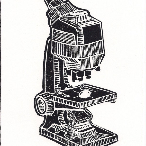 Vintage Science Lino- Microscope Geekery Techie Art- 5 x 7.5 inch