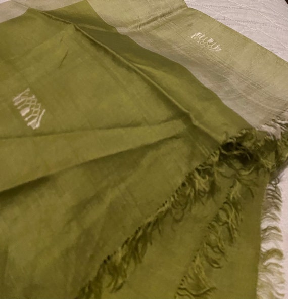 Asian Vintage Scarf Green Silk fringed - image 6