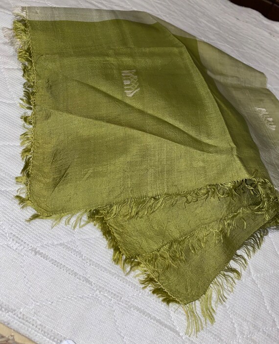 Asian Vintage Scarf Green Silk fringed - image 3