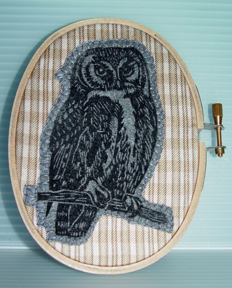 4 x 5.5 inch Country Cottage Preppy Owl Wall Art Linocut on Fabric