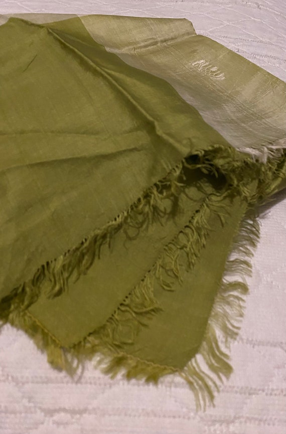 Asian Vintage Scarf Green Silk fringed - image 8