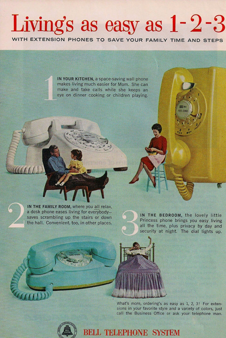 Retro Telephone 4 Ads Mid Century Nuclear Family Set of 4 Color Originals 50s 60s 7 x 10 inch 18 x 25 cm image 2