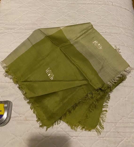 Asian Vintage Scarf Green Silk fringed - image 7