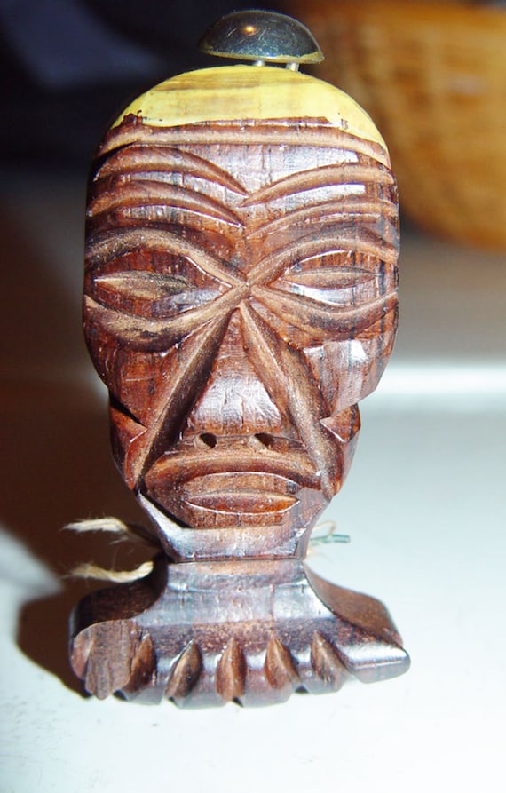 African Wood Carved Pin-Ethnic Tribal Jewelry-Midc