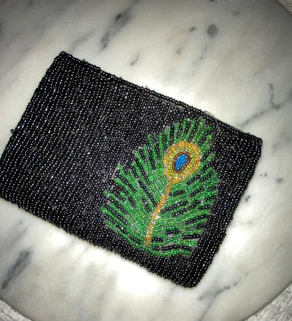 Vintage Peacock Beaded Clutch Bag  Satin Lined 19… - image 1