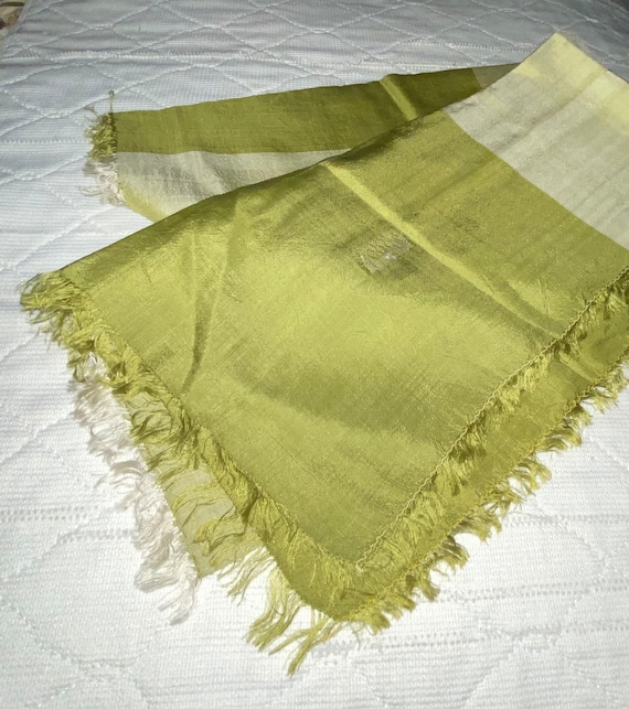 Asian Vintage Scarf Green Silk fringed - image 1