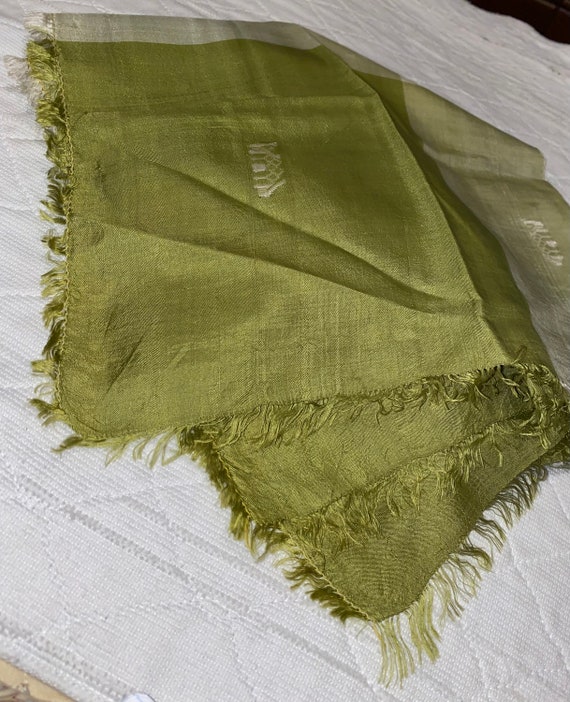 Asian Vintage Scarf Green Silk fringed - image 9