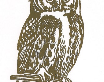 Woodland Owl Linocut- Avian Eco Friendly Original Art- 4x6 inches- Signed Edition of 35