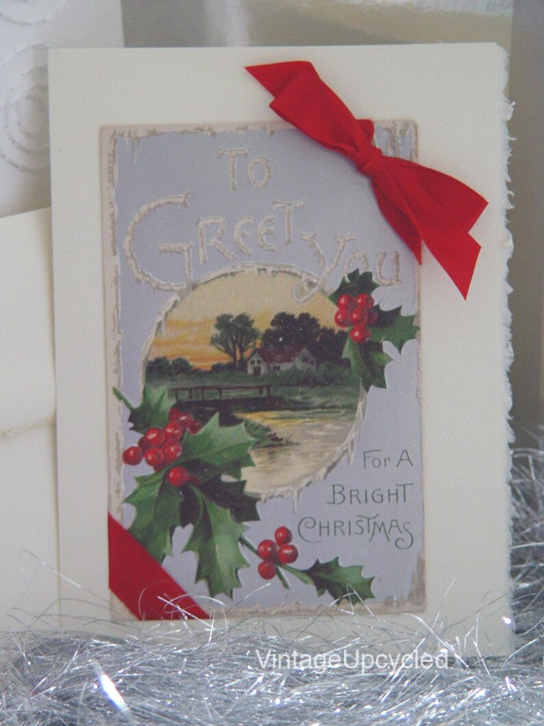 Unique Handmade Creation Antique Recycled Postcard Edwardian Christmas Card
