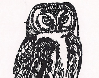 Night Owl Linocut Print- Goth Darkside Art- 4x6 inches- Signed Edition of 50