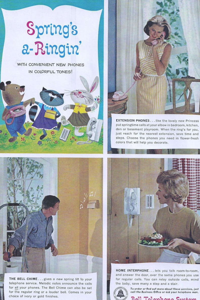 Retro Telephone 4 Ads Mid Century Nuclear Family Set of 4 Color Originals 50s 60s 7 x 10 inch 18 x 25 cm image 5