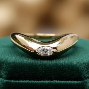 Beautiful Curved Dome Style Stackable Band, 14K Yellow Gold Solitaire Engagement Ring, Marquise Lab Grown Wedding Ring, East To West Band