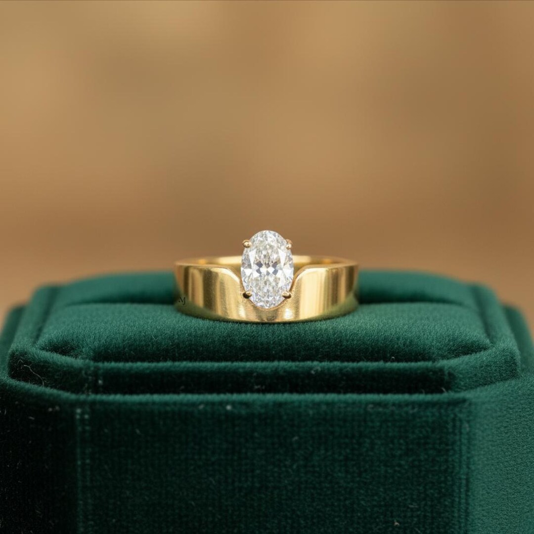 Wide Gold Stackable Rings Cigar Wide Wedding Band, Oval Cut Lab Grown Diamond Engagement Ring ...
