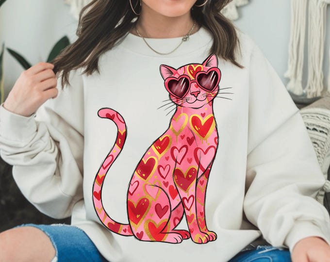 Featured listing image: Valentine Cat PNG | Heart Cat Illustration | Love Cat Sublimation | Valentine Shirt Design | Cute Cat PNG | Digital Download