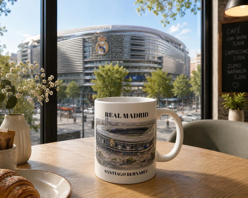 Pu&ograve; includere: Una tazza in ceramica bianca con una stampa grafica dello stadio Santiago Bernab&eacute;u. Il testo "REAL MADRID" &egrave; stampato in nero sopra l'immagine dello stadio, e "SANTIAGO BERNABEU" &egrave; stampato in nero sotto l'immagine sulla tazza.
