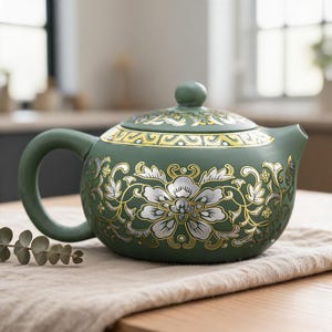May include: A matte sage green teapot featuring a rounded body, a matching lid with a knob, and a curved handle. The surface is decorated with intricate floral patterns in metallic gold and silver, including a prominent central flower design.