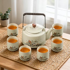 May include: A ceramic tea set consisting of a teapot with a dark wrapped handle and six matching cups. Each piece is off-white with a painted landscape scene featuring mountains and trees. The teapot has a brown lid knob and contains amber tea.
