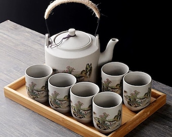 Grovkeramik teservis | Stor tekanna med handtag | Vintage teservis | Tebjudningsservis | Eftermiddagsteservis | Mors dag-present | Handgjord teservis