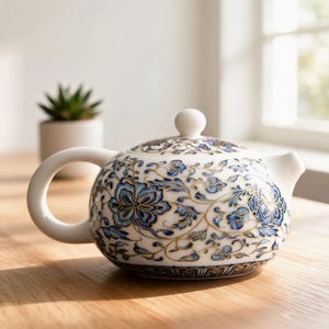 以下が含まれることがあります： 丸みを帯びた本体と蓋に青と金の詳細な花柄が施された白い陶器のティーポット。ティーポットには、湾曲したハンドル、小さな注ぎ口、蓋の上に球形のつまみがあり、複雑な植物のイラストが描かれています。