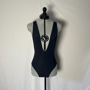Handmade Deep V One-Piece - Black sexy one-piece swimwear - full coverage bum swimsuit with deep V neckline, open back, and bow at back