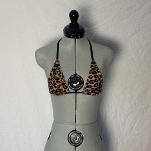 Handmade Leopard Print Tiny Triangle Bikini Top - Reversible swimwear top in animal print and black swimwear fabric - unique swimsuit